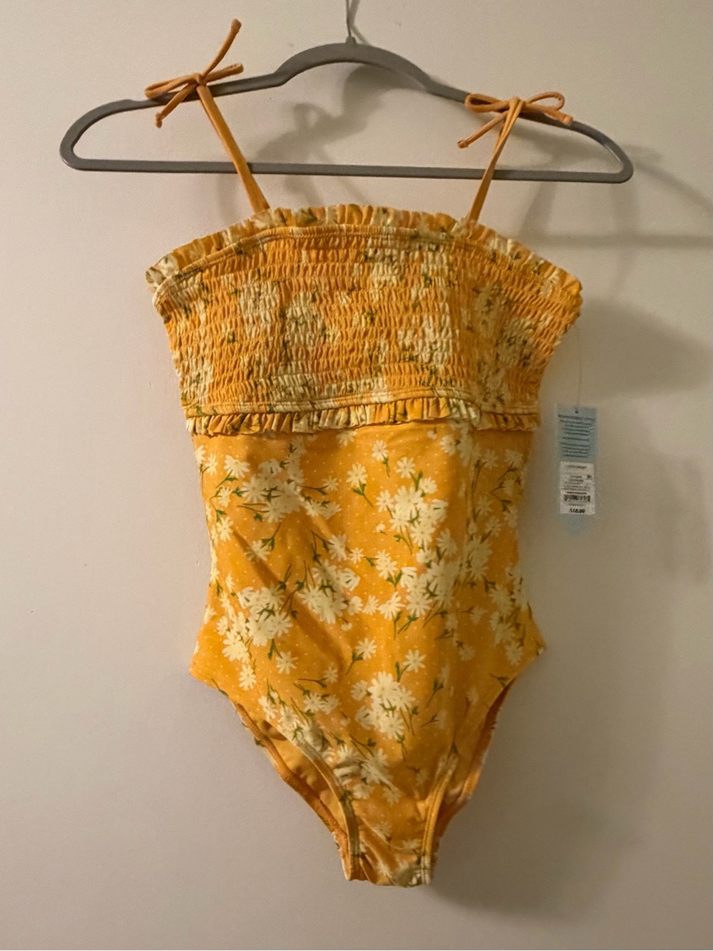 Yellow Floral One-Piece Swimsuit with Faux Tie Straps